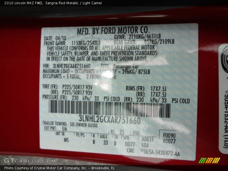 2010 MKZ FWD Sangria Red Metallic Color Code U6