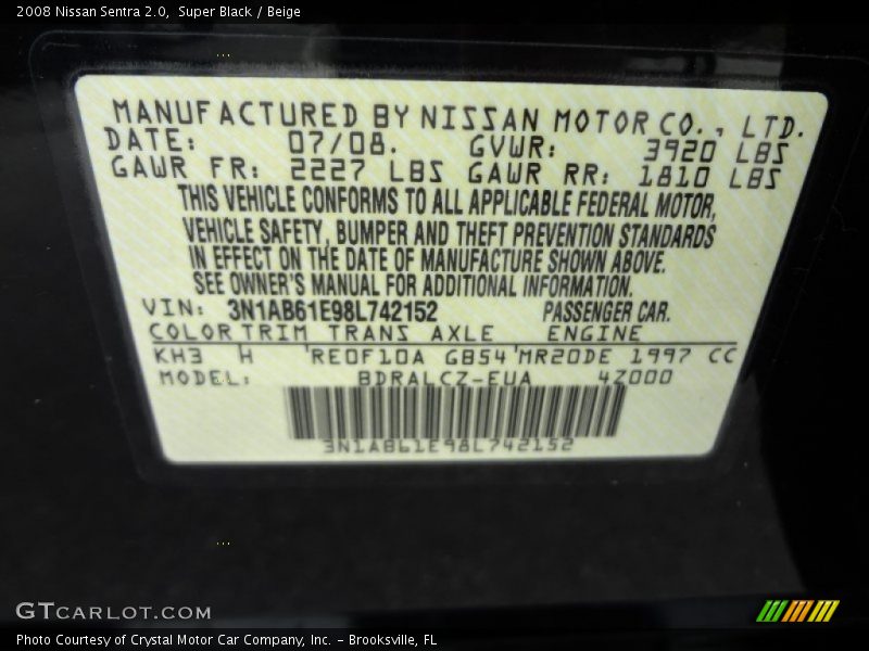 Super Black / Beige 2008 Nissan Sentra 2.0