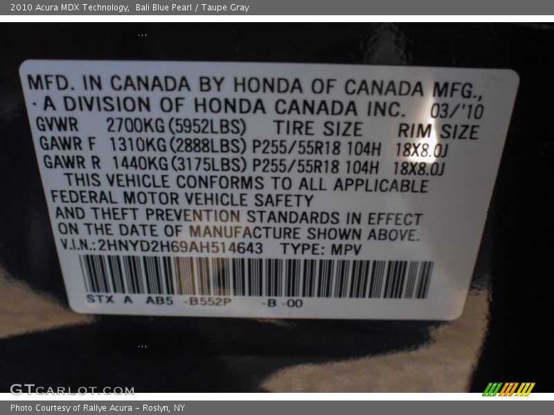 Bali Blue Pearl / Taupe Gray 2010 Acura MDX Technology