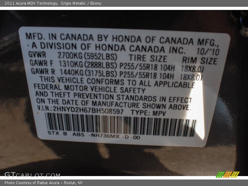 Grigio Metallic / Ebony 2011 Acura MDX Technology
