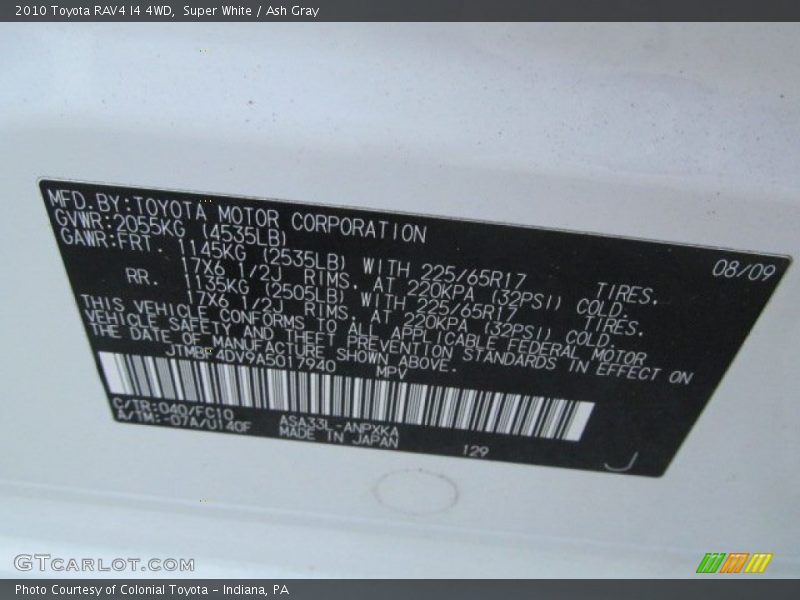 Super White / Ash Gray 2010 Toyota RAV4 I4 4WD