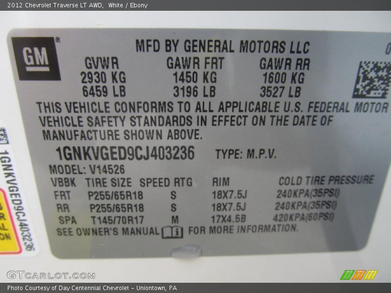 White / Ebony 2012 Chevrolet Traverse LT AWD