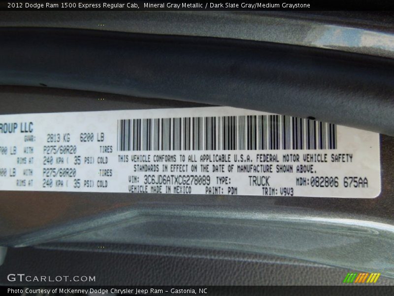 Mineral Gray Metallic / Dark Slate Gray/Medium Graystone 2012 Dodge Ram 1500 Express Regular Cab