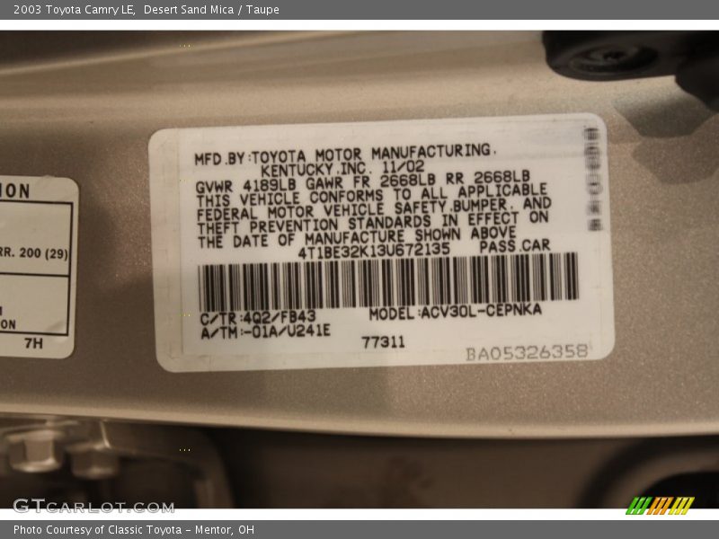 Desert Sand Mica / Taupe 2003 Toyota Camry LE