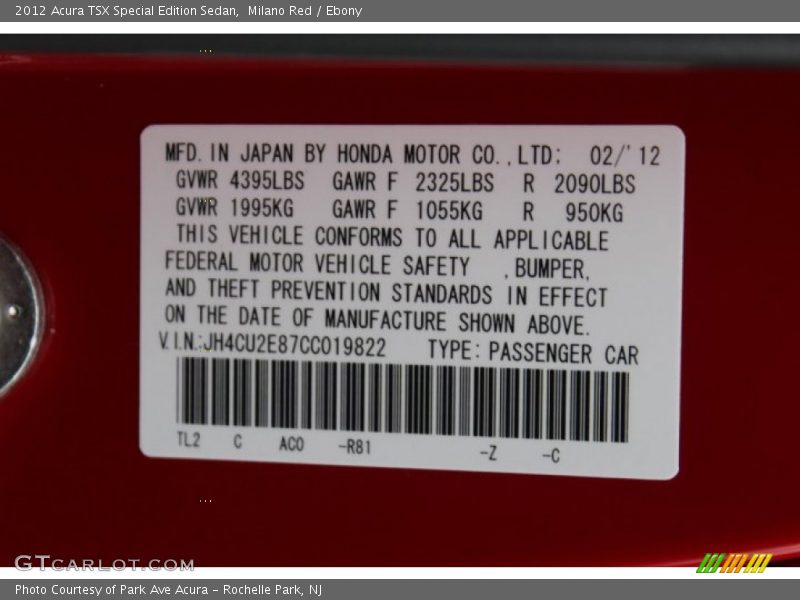 2012 TSX Special Edition Sedan Milano Red Color Code R81