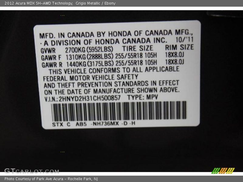 Grigio Metallic / Ebony 2012 Acura MDX SH-AWD Technology