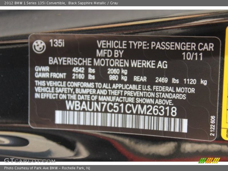 Black Sapphire Metallic / Gray 2012 BMW 1 Series 135i Convertible