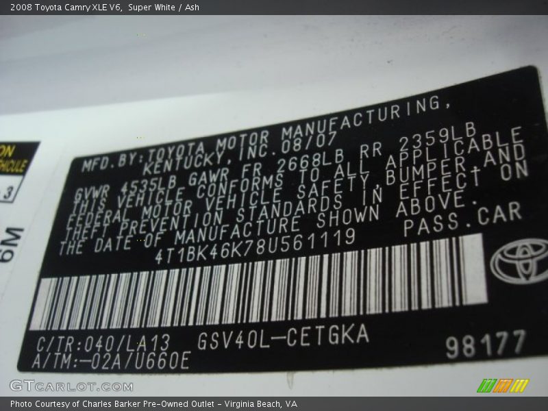 Super White / Ash 2008 Toyota Camry XLE V6