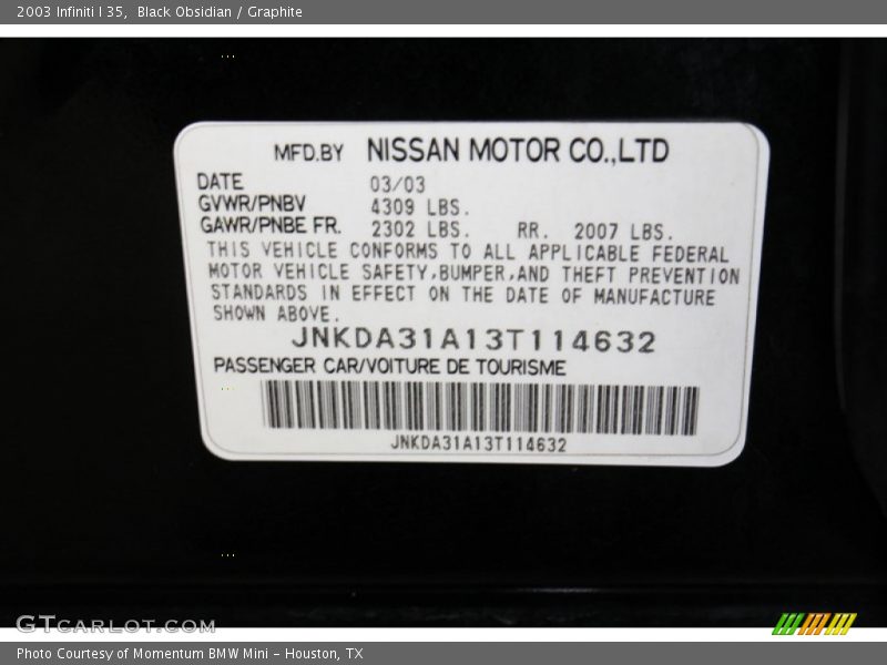 Black Obsidian / Graphite 2003 Infiniti I 35