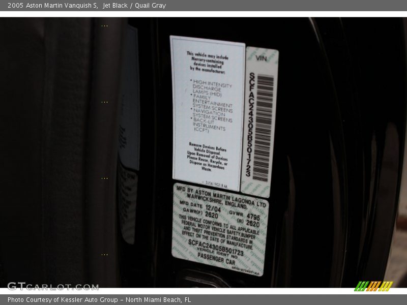 Info Tag of 2005 Vanquish S