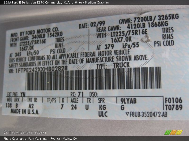 Oxford White / Medium Graphite 1999 Ford E Series Van E250 Commercial