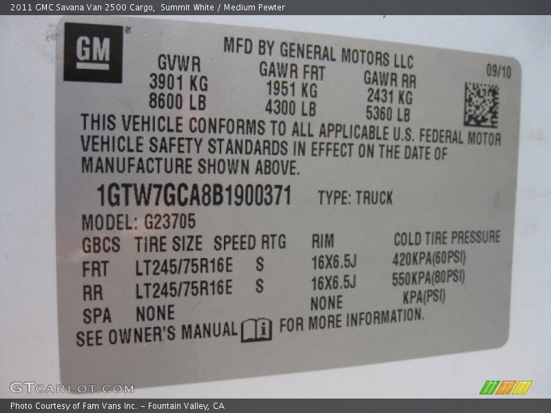 Summit White / Medium Pewter 2011 GMC Savana Van 2500 Cargo