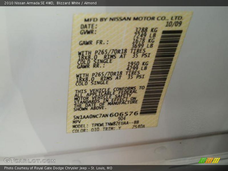 Blizzard White / Almond 2010 Nissan Armada SE 4WD