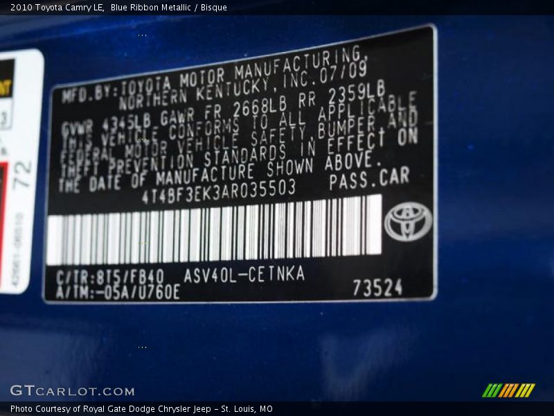 Blue Ribbon Metallic / Bisque 2010 Toyota Camry LE