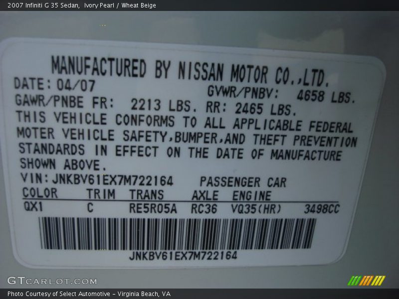 Ivory Pearl / Wheat Beige 2007 Infiniti G 35 Sedan