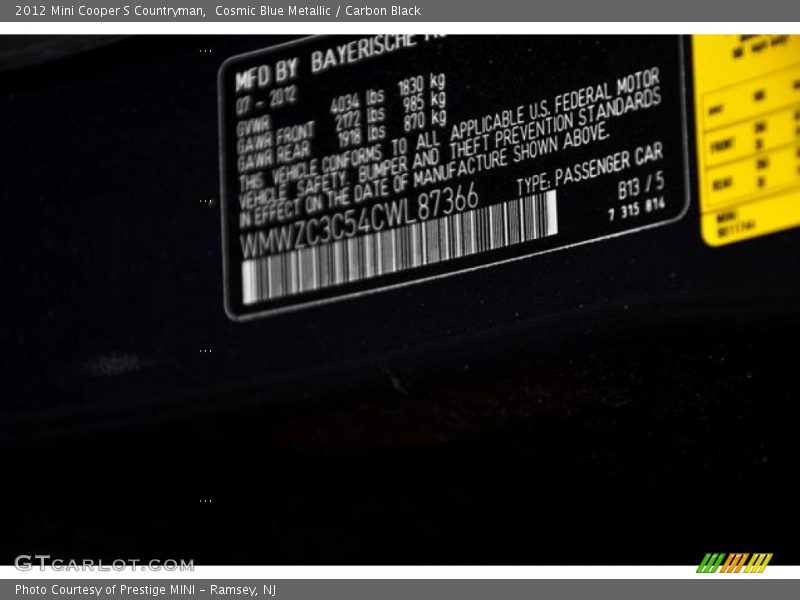 Cosmic Blue Metallic / Carbon Black 2012 Mini Cooper S Countryman