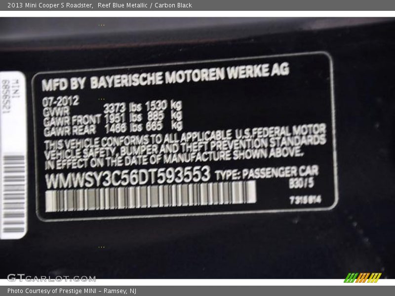 Reef Blue Metallic / Carbon Black 2013 Mini Cooper S Roadster