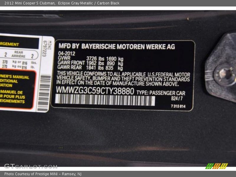 Eclipse Gray Metallic / Carbon Black 2012 Mini Cooper S Clubman