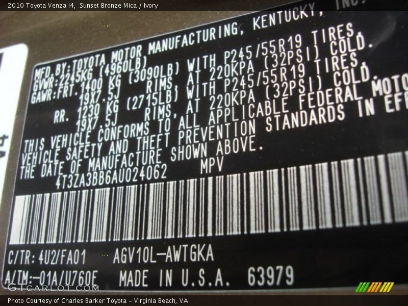 Sunset Bronze Mica / Ivory 2010 Toyota Venza I4