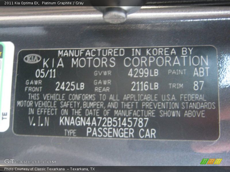 2011 Optima EX Platinum Graphite Color Code ABT
