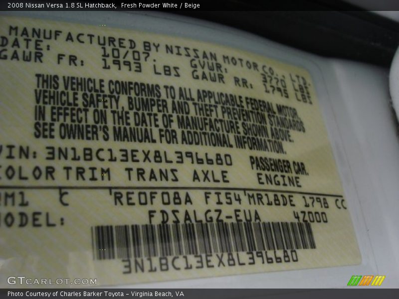 Fresh Powder White / Beige 2008 Nissan Versa 1.8 SL Hatchback