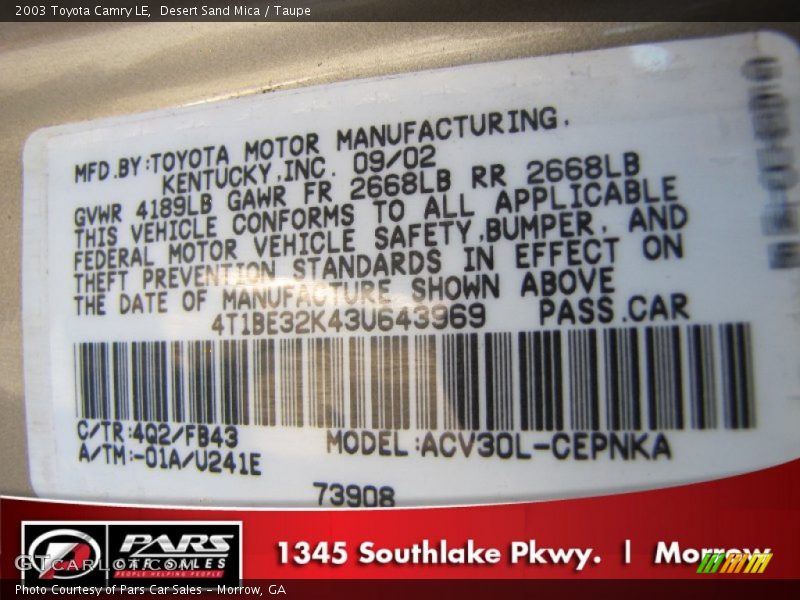 Desert Sand Mica / Taupe 2003 Toyota Camry LE