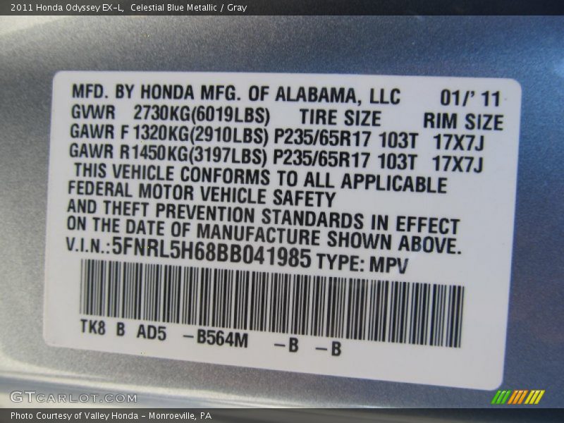 Celestial Blue Metallic / Gray 2011 Honda Odyssey EX-L