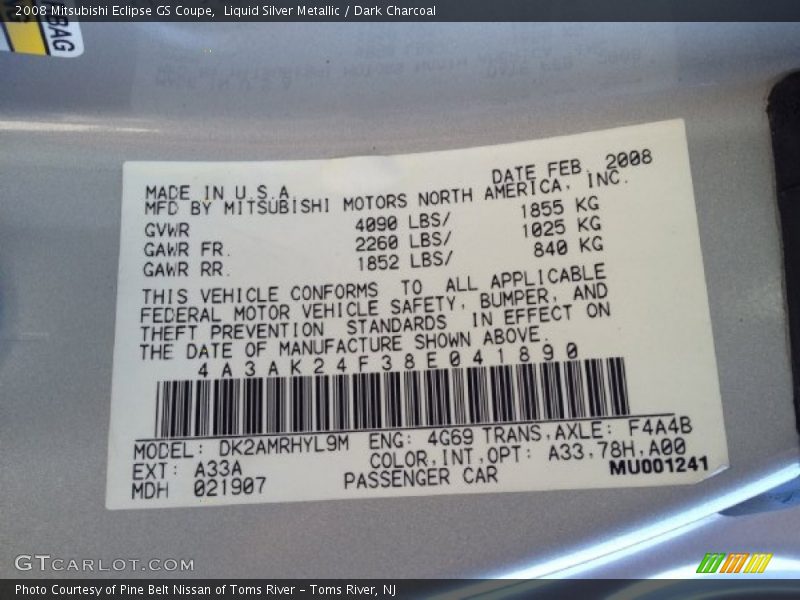Liquid Silver Metallic / Dark Charcoal 2008 Mitsubishi Eclipse GS Coupe