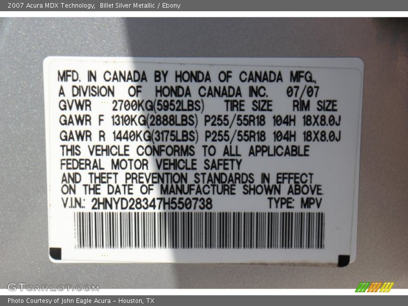 Billet Silver Metallic / Ebony 2007 Acura MDX Technology