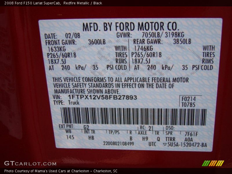 2008 F150 Lariat SuperCab Redfire Metallic Color Code G2