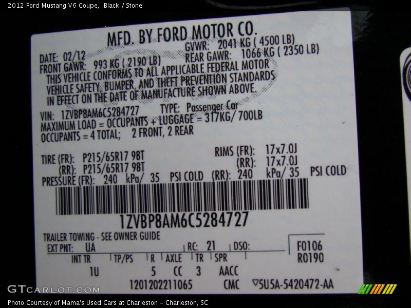 Black / Stone 2012 Ford Mustang V6 Coupe