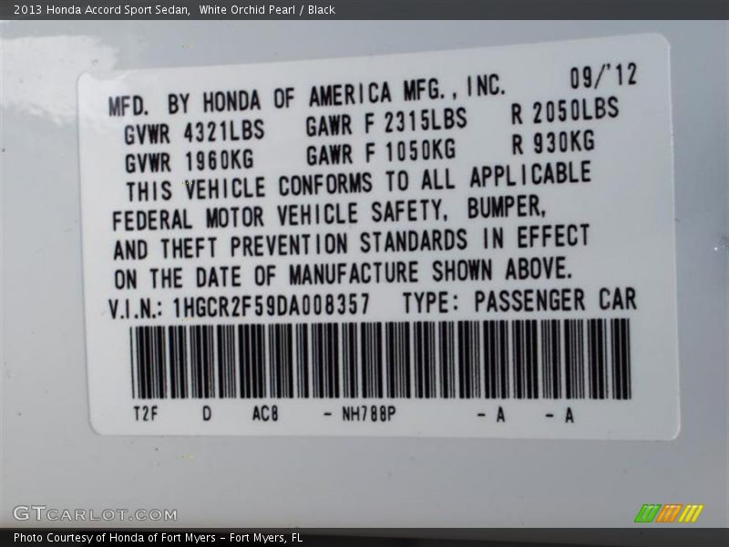 2013 Accord Sport Sedan White Orchid Pearl Color Code NH788P