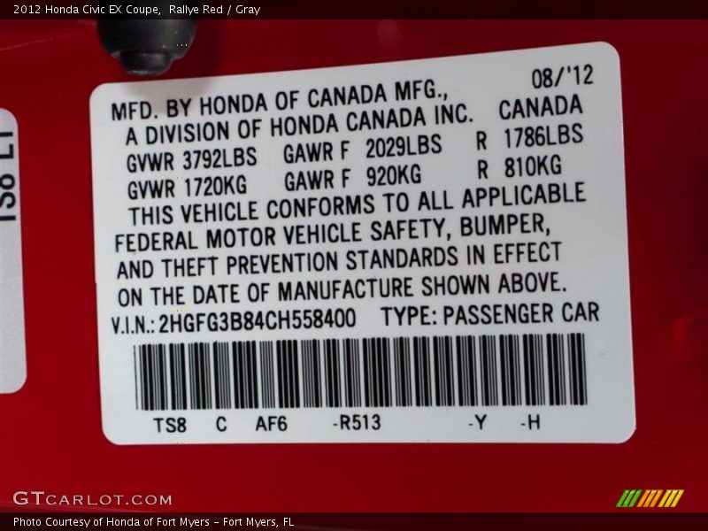 Rallye Red / Gray 2012 Honda Civic EX Coupe