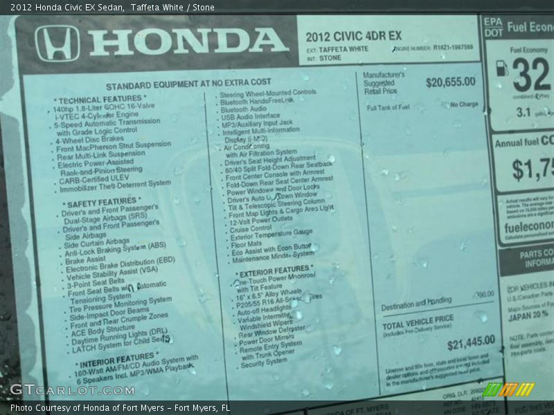 Taffeta White / Stone 2012 Honda Civic EX Sedan