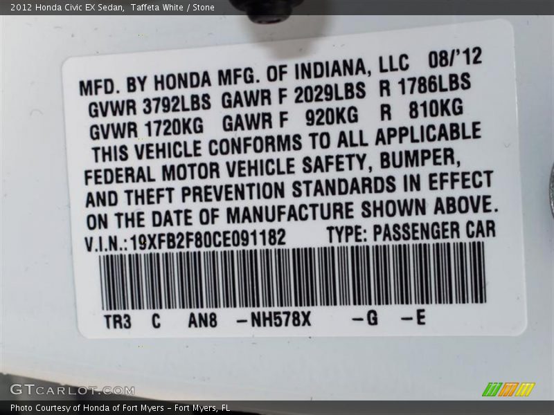 Taffeta White / Stone 2012 Honda Civic EX Sedan
