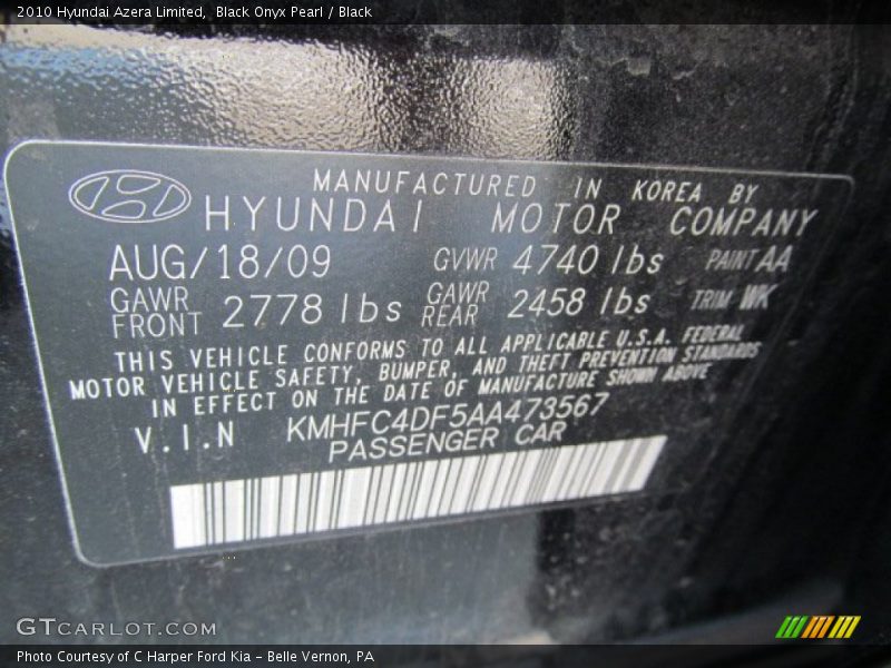 Black Onyx Pearl / Black 2010 Hyundai Azera Limited