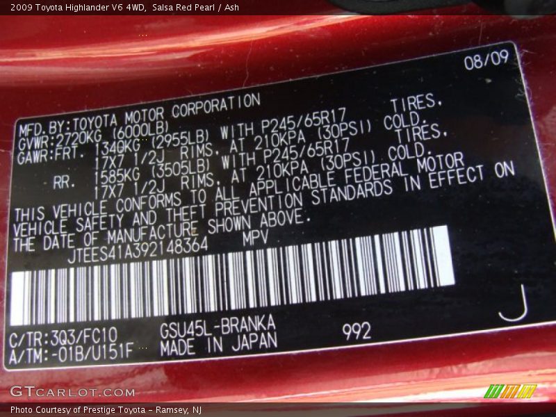 Salsa Red Pearl / Ash 2009 Toyota Highlander V6 4WD