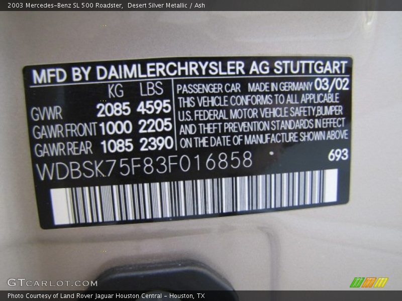 Desert Silver Metallic / Ash 2003 Mercedes-Benz SL 500 Roadster