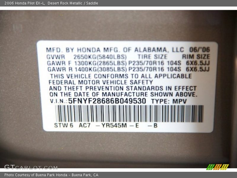 Desert Rock Metallic / Saddle 2006 Honda Pilot EX-L