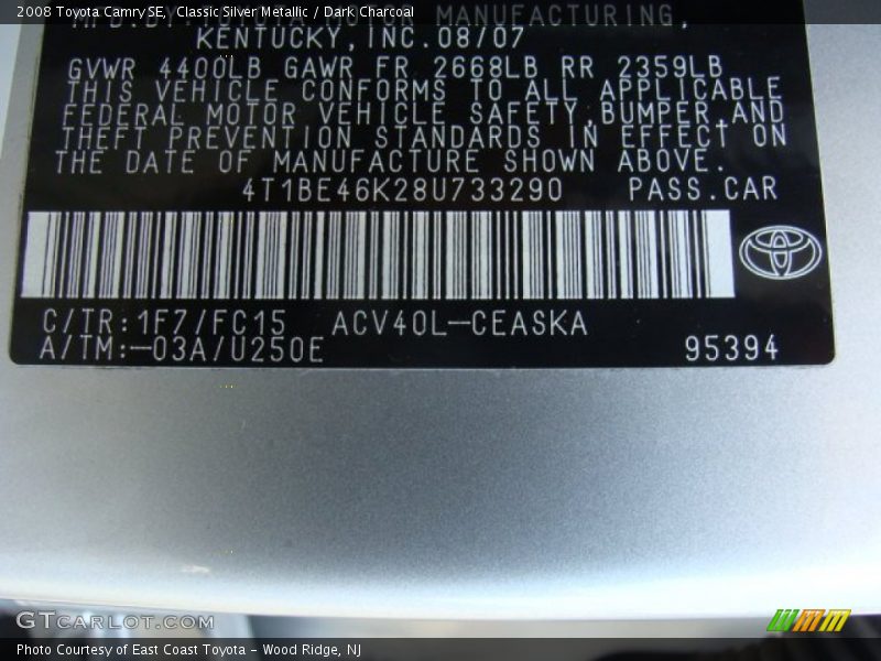 Classic Silver Metallic / Dark Charcoal 2008 Toyota Camry SE