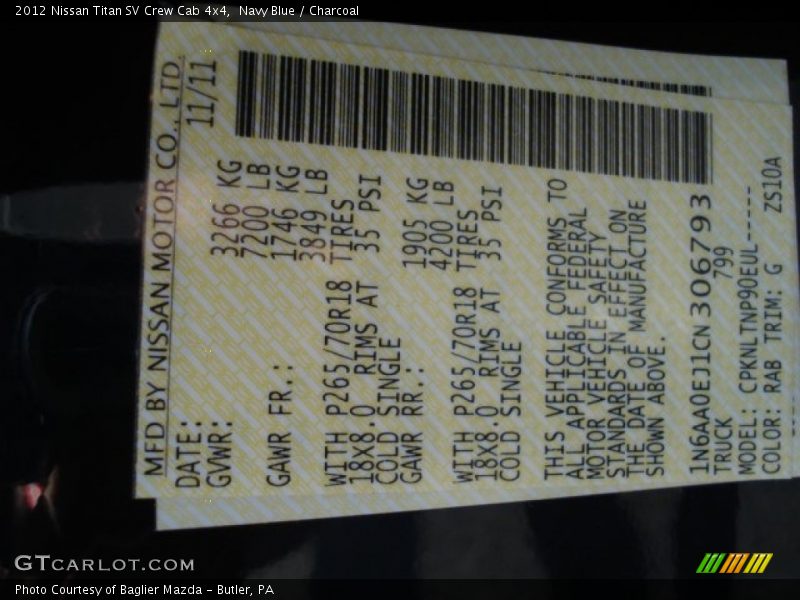 Navy Blue / Charcoal 2012 Nissan Titan SV Crew Cab 4x4
