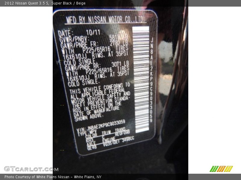 Super Black / Beige 2012 Nissan Quest 3.5 S