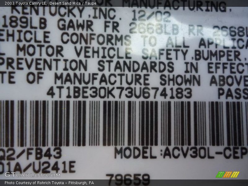Desert Sand Mica / Taupe 2003 Toyota Camry LE