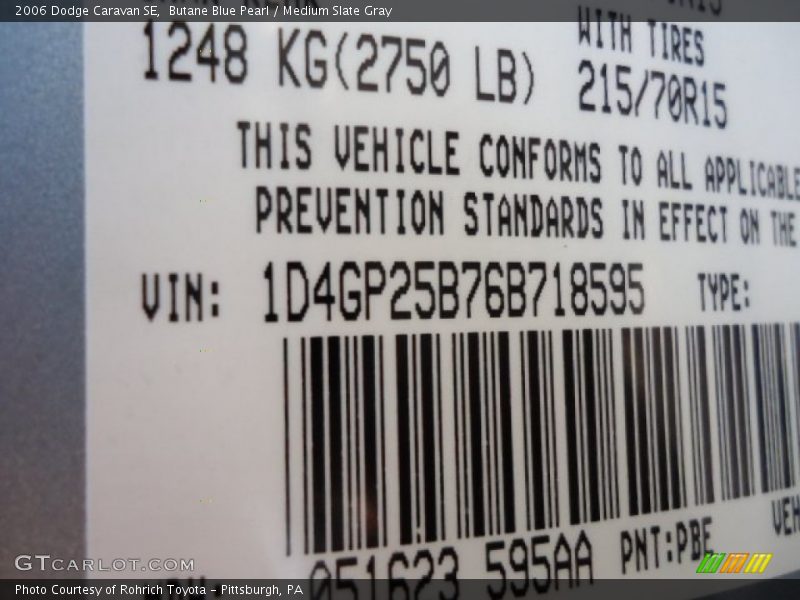 2006 Caravan SE Butane Blue Pearl Color Code PBE