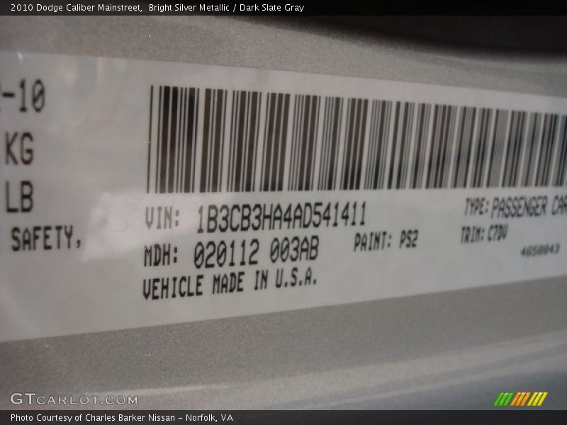 Bright Silver Metallic / Dark Slate Gray 2010 Dodge Caliber Mainstreet