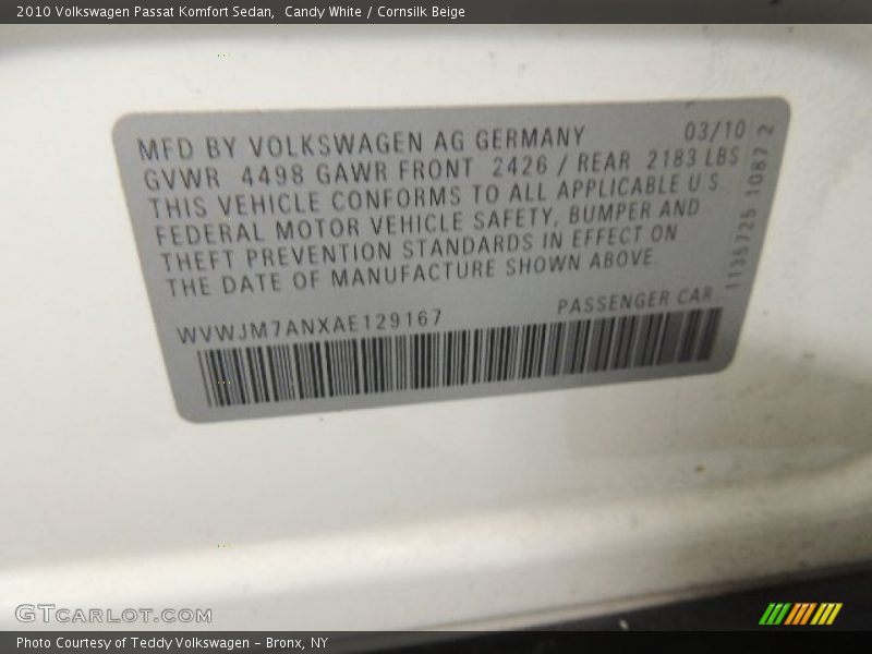 Candy White / Cornsilk Beige 2010 Volkswagen Passat Komfort Sedan