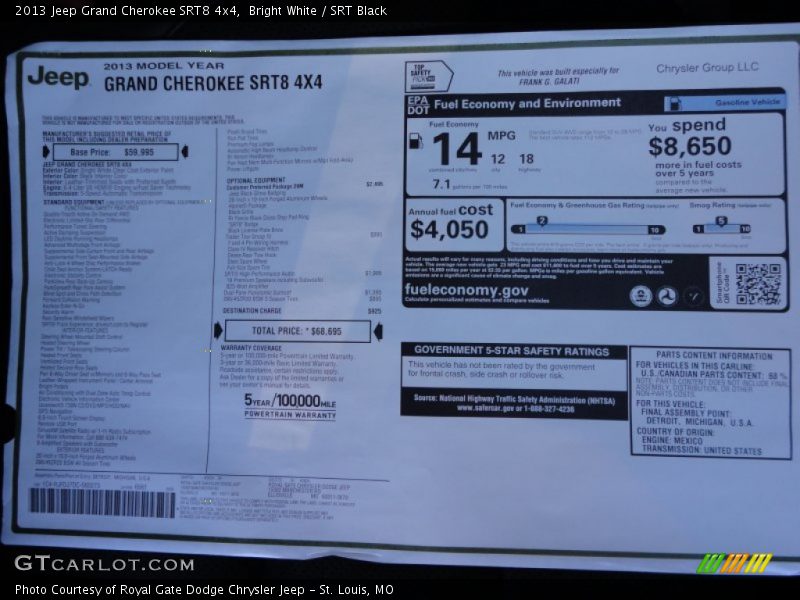 2013 Grand Cherokee SRT8 4x4 Window Sticker