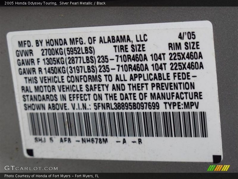 Silver Pearl Metallic / Black 2005 Honda Odyssey Touring