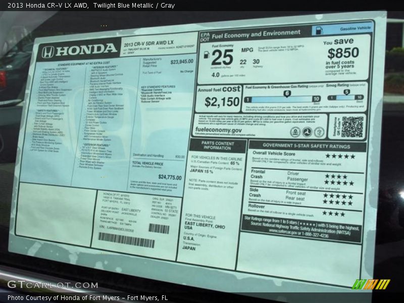 Twilight Blue Metallic / Gray 2013 Honda CR-V LX AWD