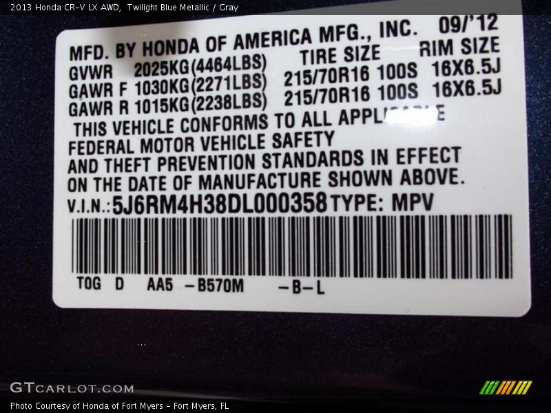 2013 CR-V LX AWD Twilight Blue Metallic Color Code B570M